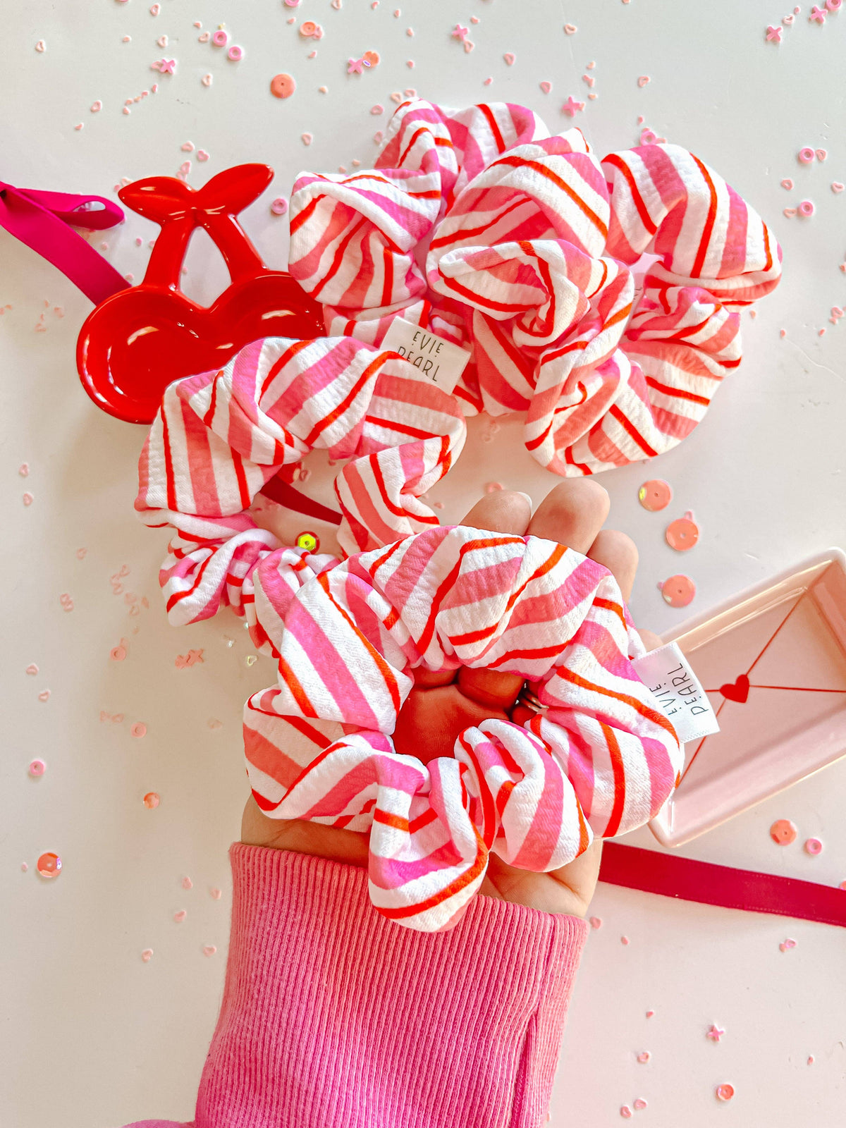 Girls Scrunchy-Red White Pink Stripe