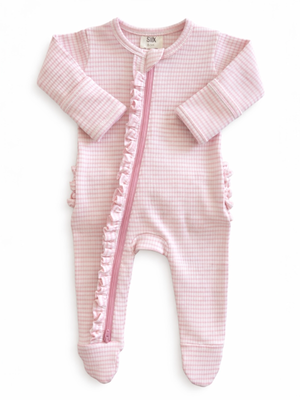 Pink Stripe / Ribbed Frill 2-Way Zip Footie