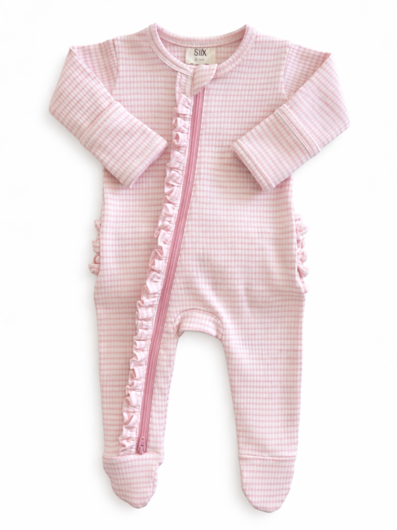 Pink Stripe / Ribbed Frill 2-Way Zip Footie