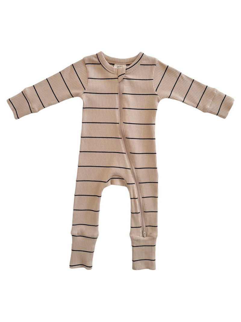 Tan/Black Stripe Organic Ribbed 2-Way Zip Romper