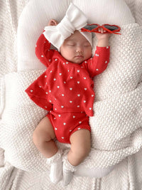 Organic Waffle Simple Dress & Bloomer, Little White Heart (on Red)