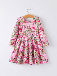 Pink Girls Long Sleeve Dress Taylor Swift Chiefs Print