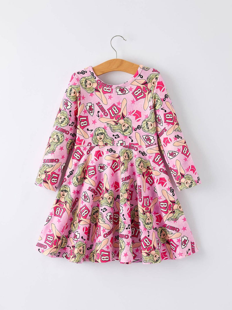 Pink Girls Long Sleeve Dress Taylor Swift Chiefs Print