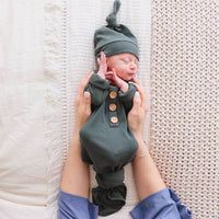 Forest Green Ribbed Bamboo Baby Knot Gown & Hat