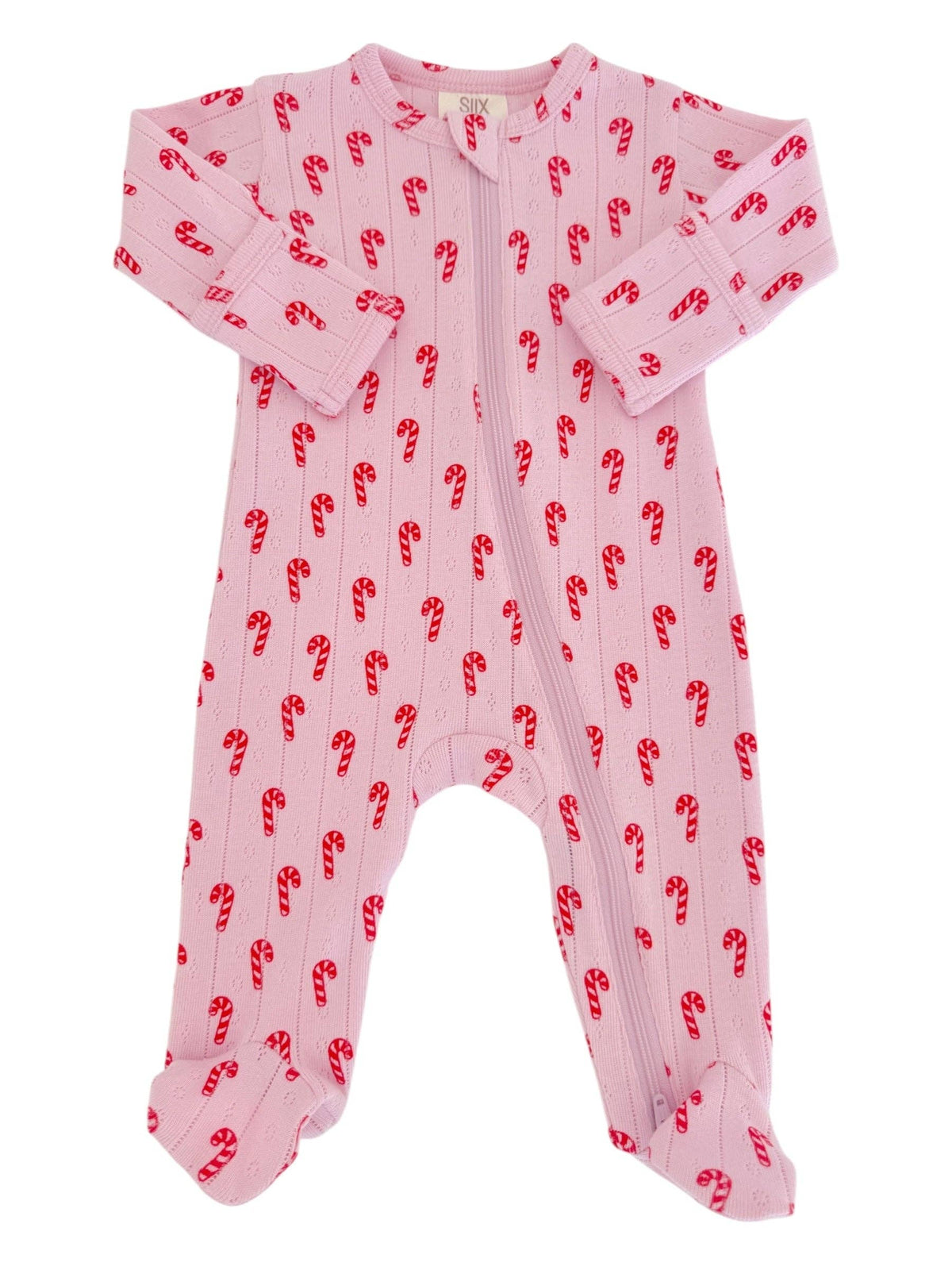 Pink Candy Cane Organic Pointelle 2-Way Zip Footie