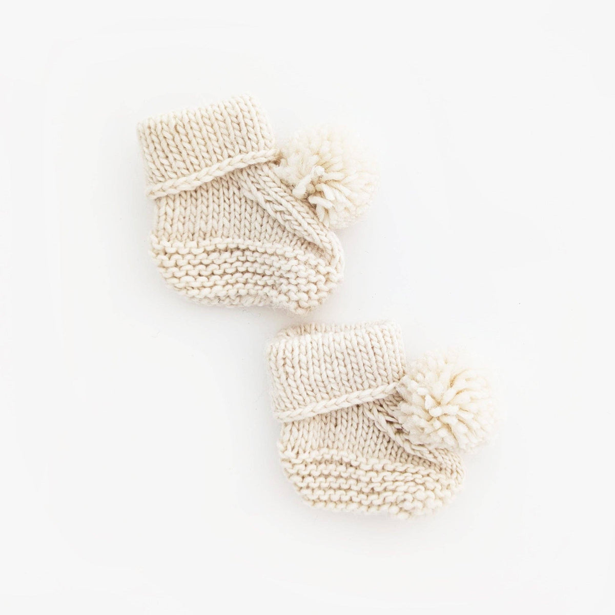 Garter Stitch Baby Booties Natural with Pom Poms