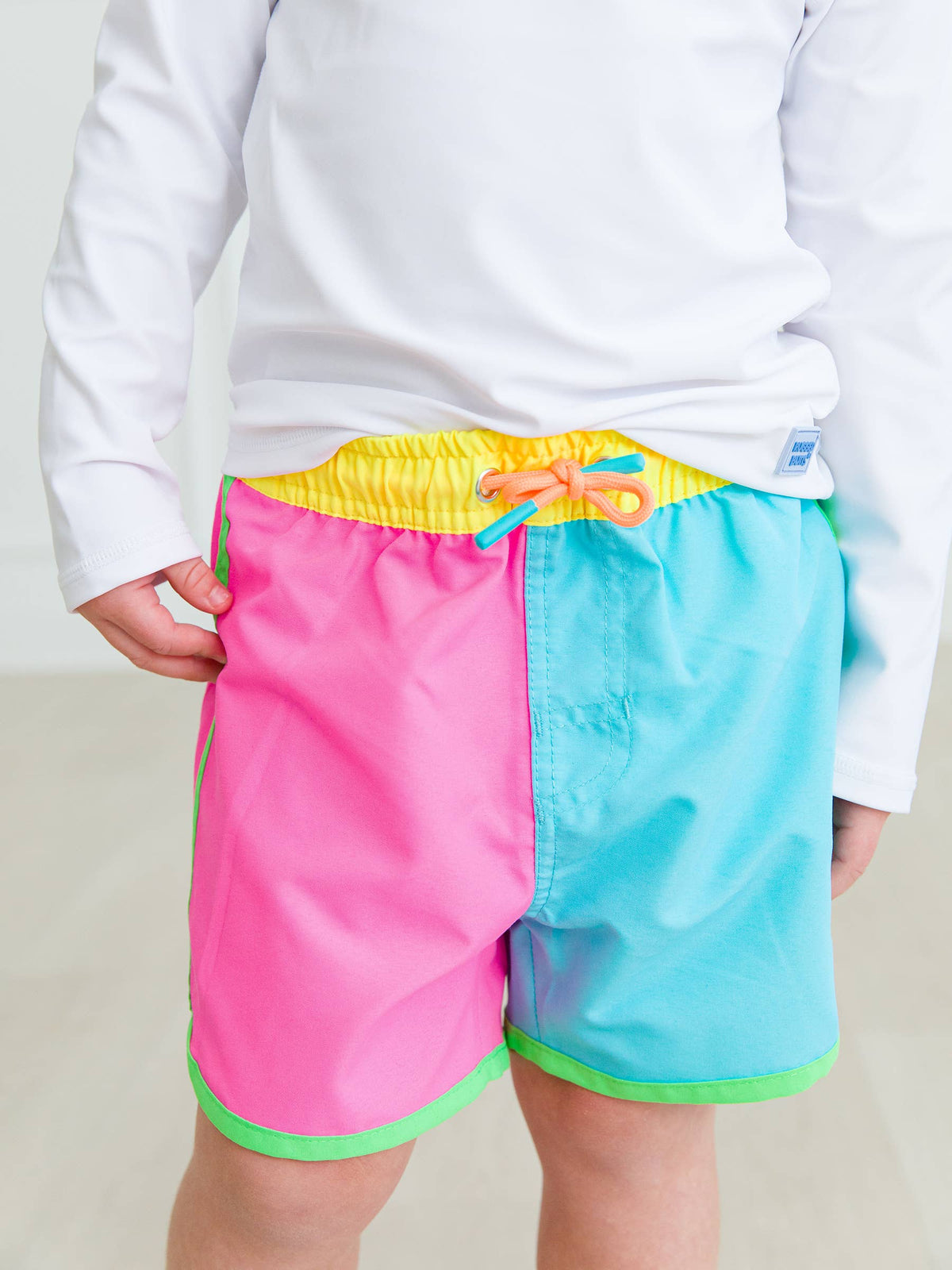 Boys Neon Color Block Dolphin Hem Swim Trunks