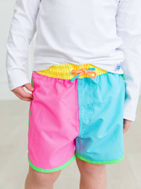 Boys Neon Color Block Dolphin Hem Swim Trunks