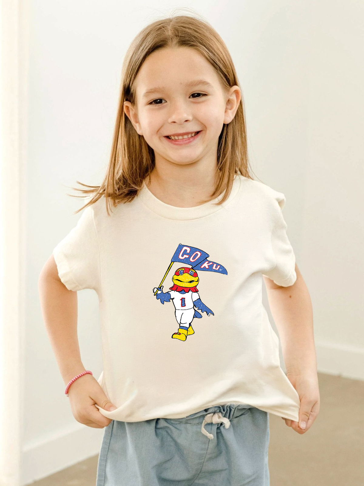 Children's KU Jayhawks Mascot Flag Cream Tee