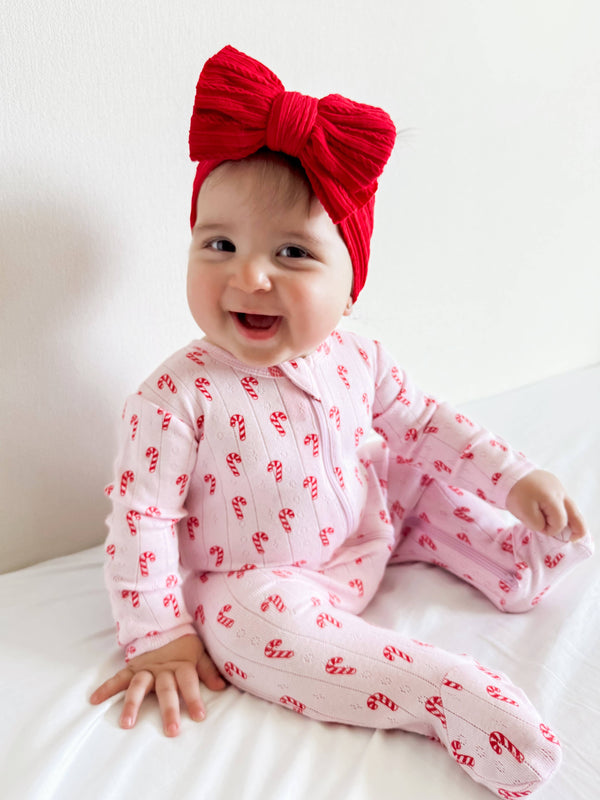 Pink Candy Cane Organic Pointelle 2-Way Zip Footie