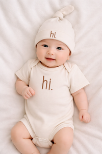 Hi. Embroidered Pecan Cotton Knit Onesie