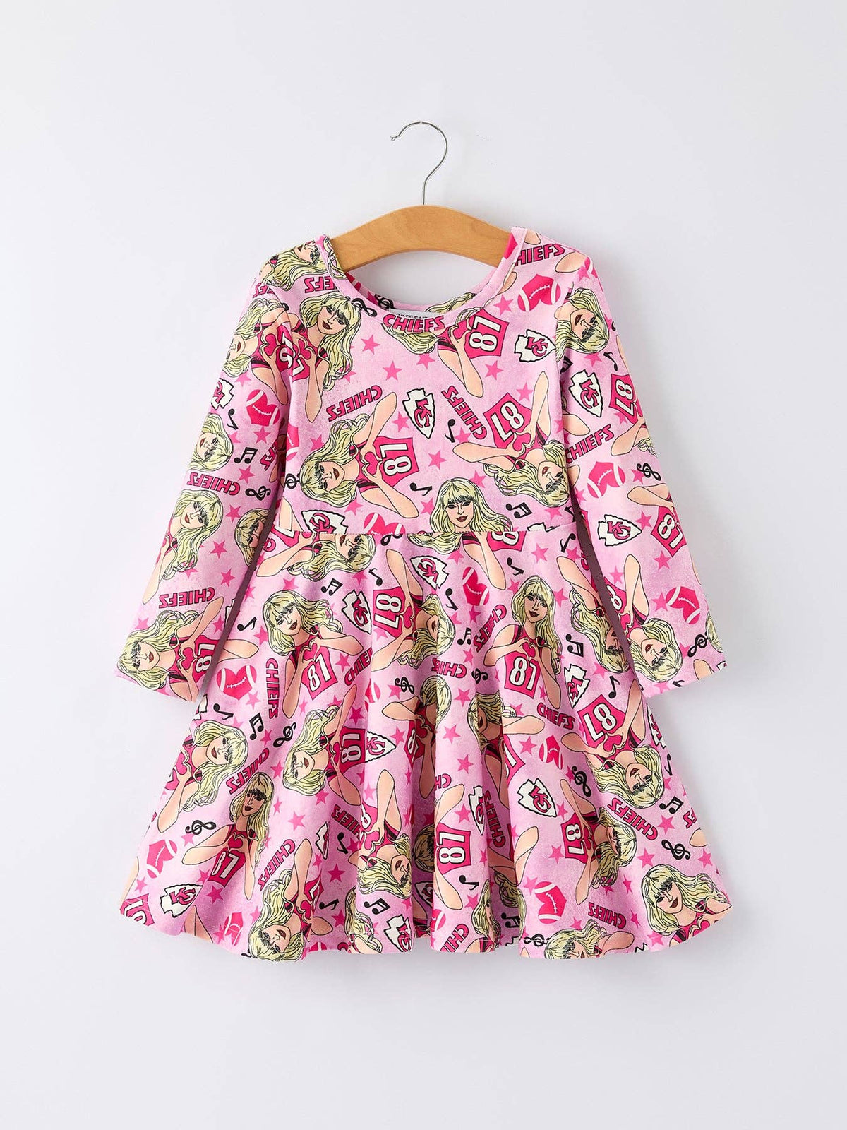 Pink Girls Long Sleeve Dress Taylor Swift Chiefs Print